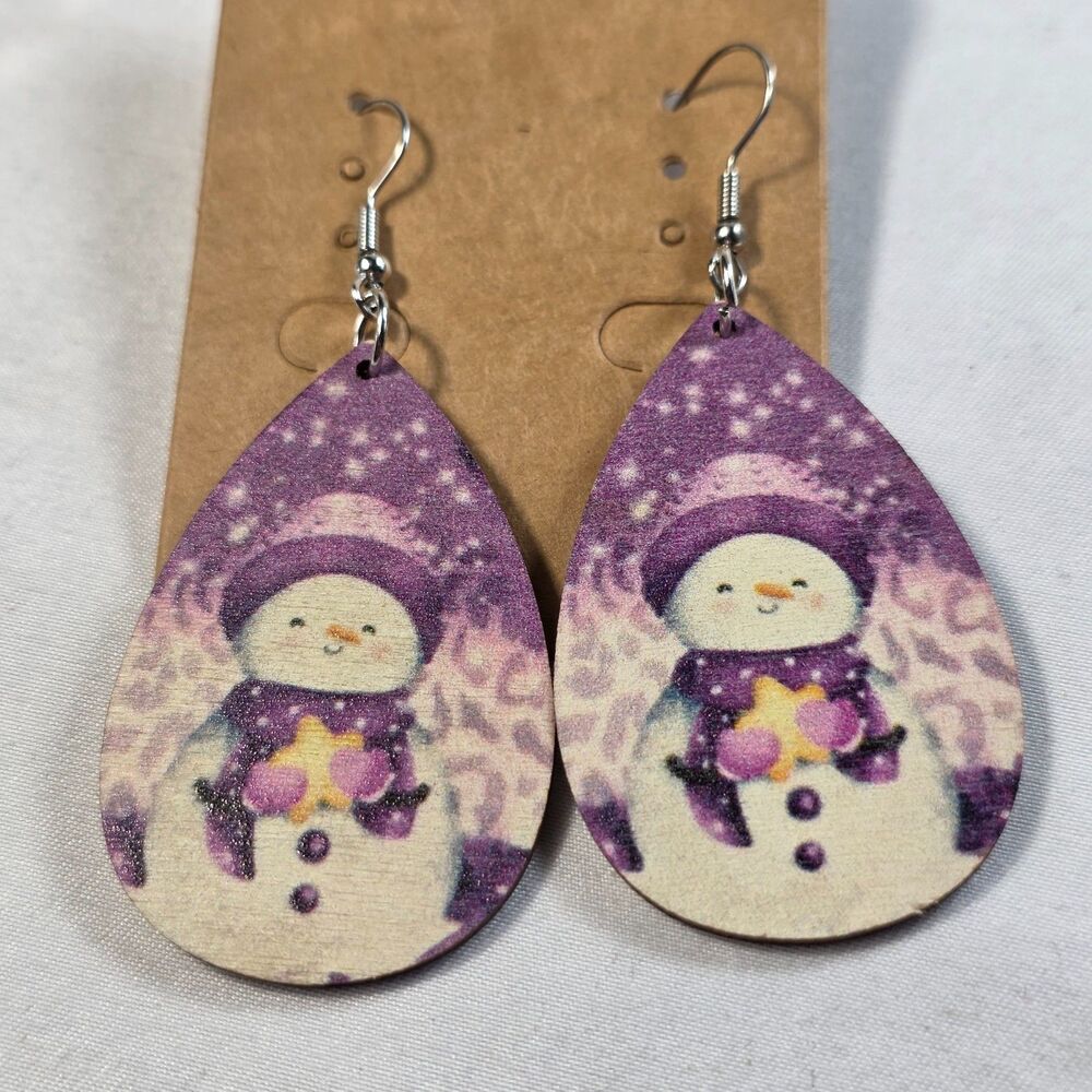 Purple Snowman Wooden Teardrop Dangle Earrings – Festive Holiday Jewelry